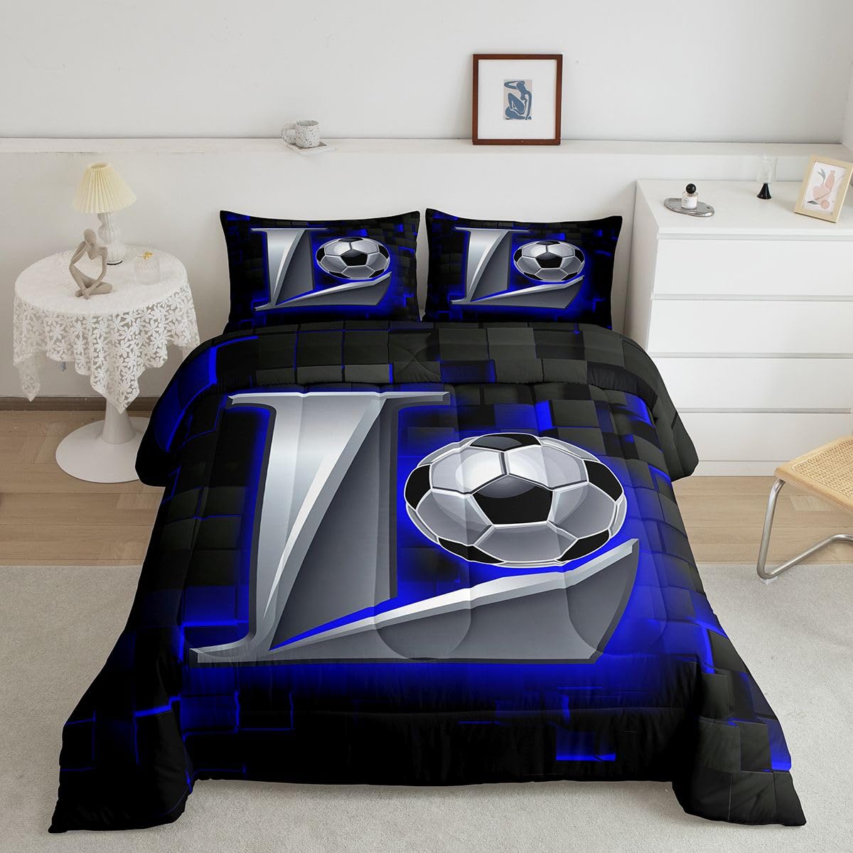 Homewish Piłka nożna pojedyncza kołdra zestaw - piłka nożna litera L zestaw pościeli neonowa czarna niebieska gra w kratkę zestaw kołdry - gry sportowe bez przykrycia kołdra z 1 poszewką na poduszkę s