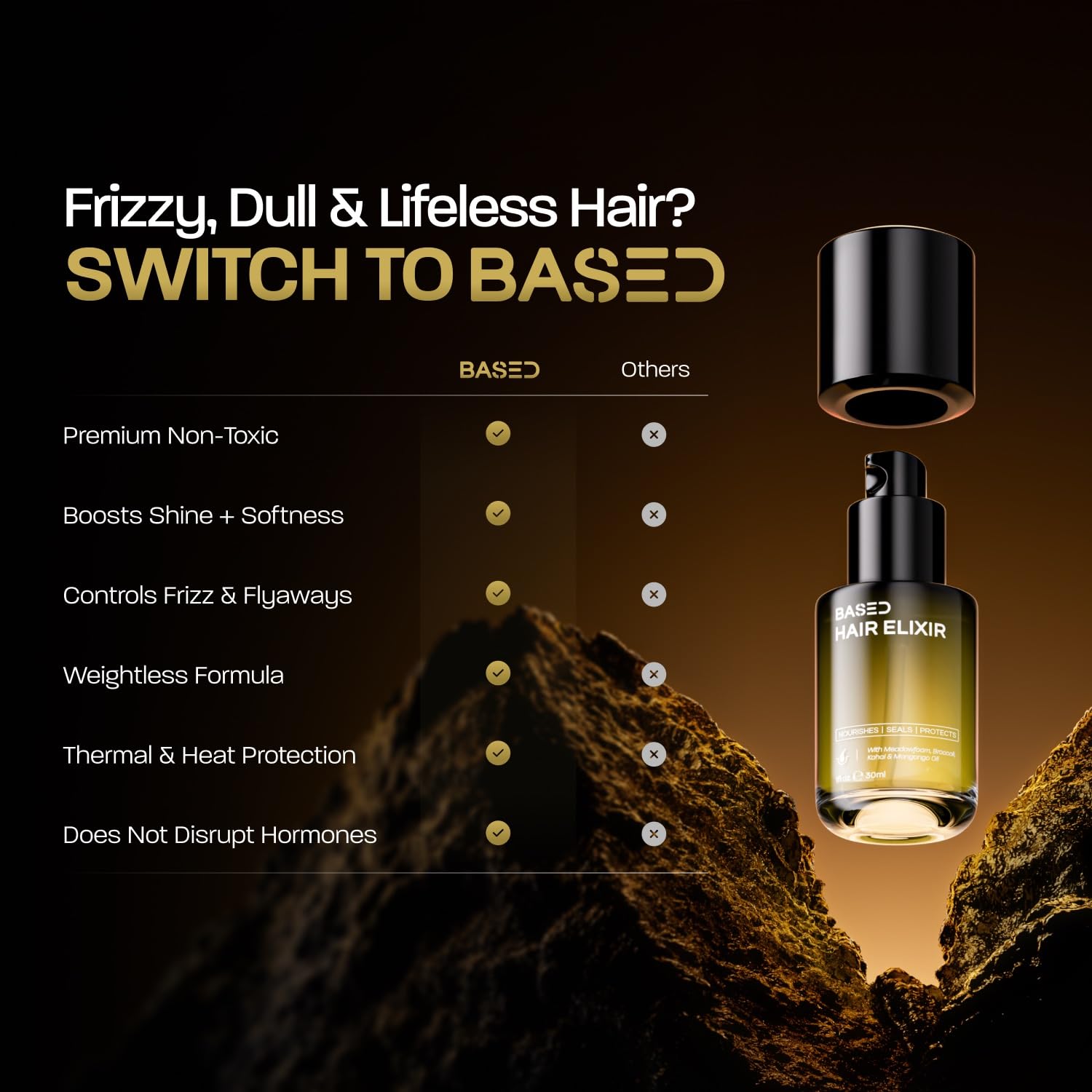 BASED Hair Elixir - Weightless Shine Serum with Heat Protection, Controls Frizz & Flyaways, Nourishes with Meadowfoam & Mongongo Oils, Non-Toxic Formula for All Hair Types (1 Fl Oz, Pack of 1)