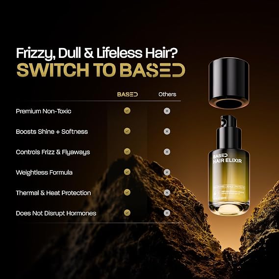 BASED Hair Elixir - Weightless Shine Serum with Heat Protection, Controls Frizz & Flyaways, Nourishes with Meadowfoam & Mongongo Oils, Non-Toxic Formula for All Hair Types (1 Fl Oz, Pack of 1)