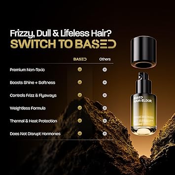 BASED Hair Elixir - Weightless Shine Serum with Heat Protection, Controls Frizz & Flyaways, Nourishes with Meadowfoam & Mongongo Oils, Non-Toxic Formula for All Hair Types (1 Fl Oz, Pack of 1)