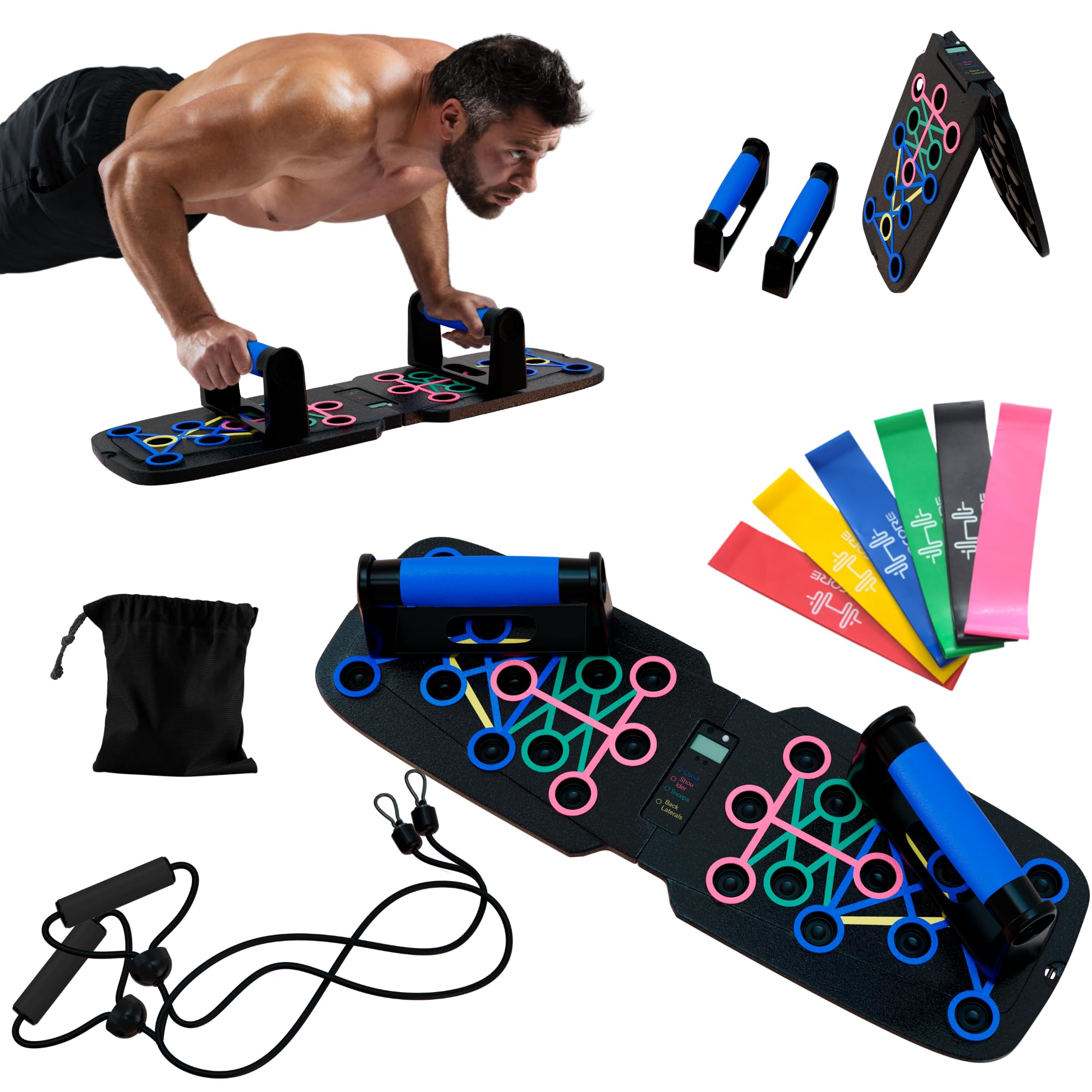 Clikshop Push Up Board – Foldable Push Up Bar System with Resistance Bands | Perfect Pushups for Men | Portable Pushup Board & Calisthenics Equipment for Strength Training at Home or Gym