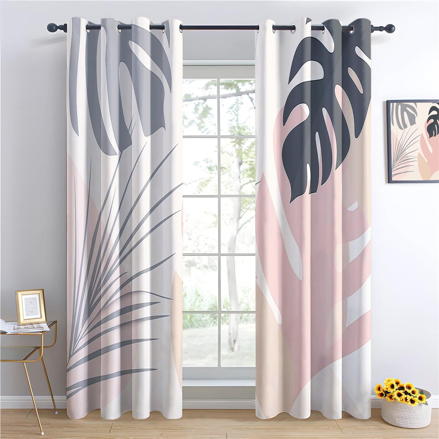 Printed Curtains Eyelet Blackout Clipart style palm leaves monstera Light Blocking Window Drapes for Kids Bed Living W 46" x L 54" (2 Panels) Insulated Noise ReducingColor