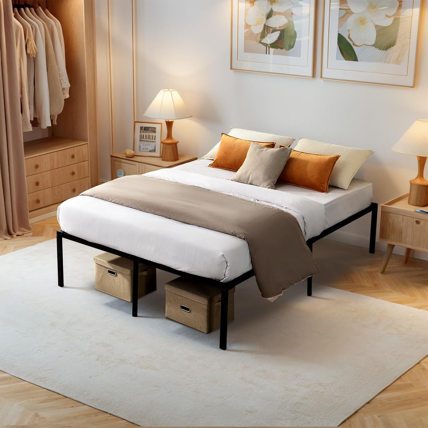 King Size Metal Platform Bed Frame - 17-Inch Under-Bed Storage Sturdy Mattress Foundation No Box Spring Required -