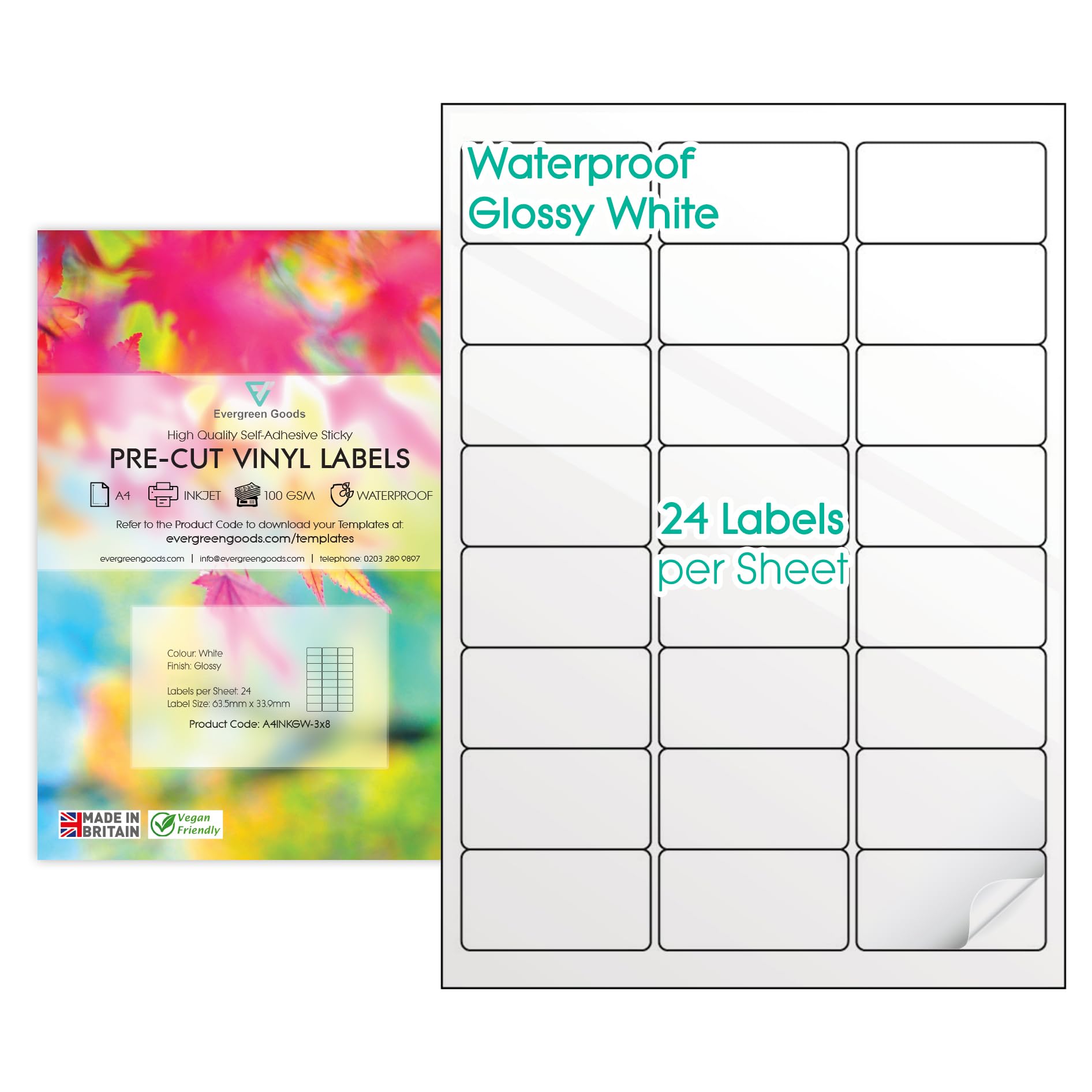 PreCut Printable Vinyl Multi Sticker Labels A4 (3x8 (24 per Sheet), 20 Sheets) | Glossy White Waterproof Labels - 9 Size Variations - Inkjet & Laser Compatible | Labels Stickers A4 Sheet