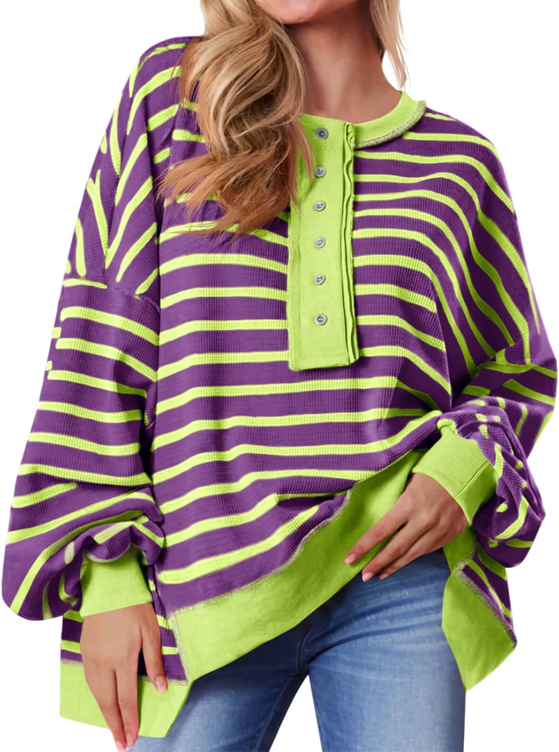 Tankaneo Womens Oversized Striped Sweatshirts Henley Shirts Color Block Casual Pullover Waffle Knit Tops