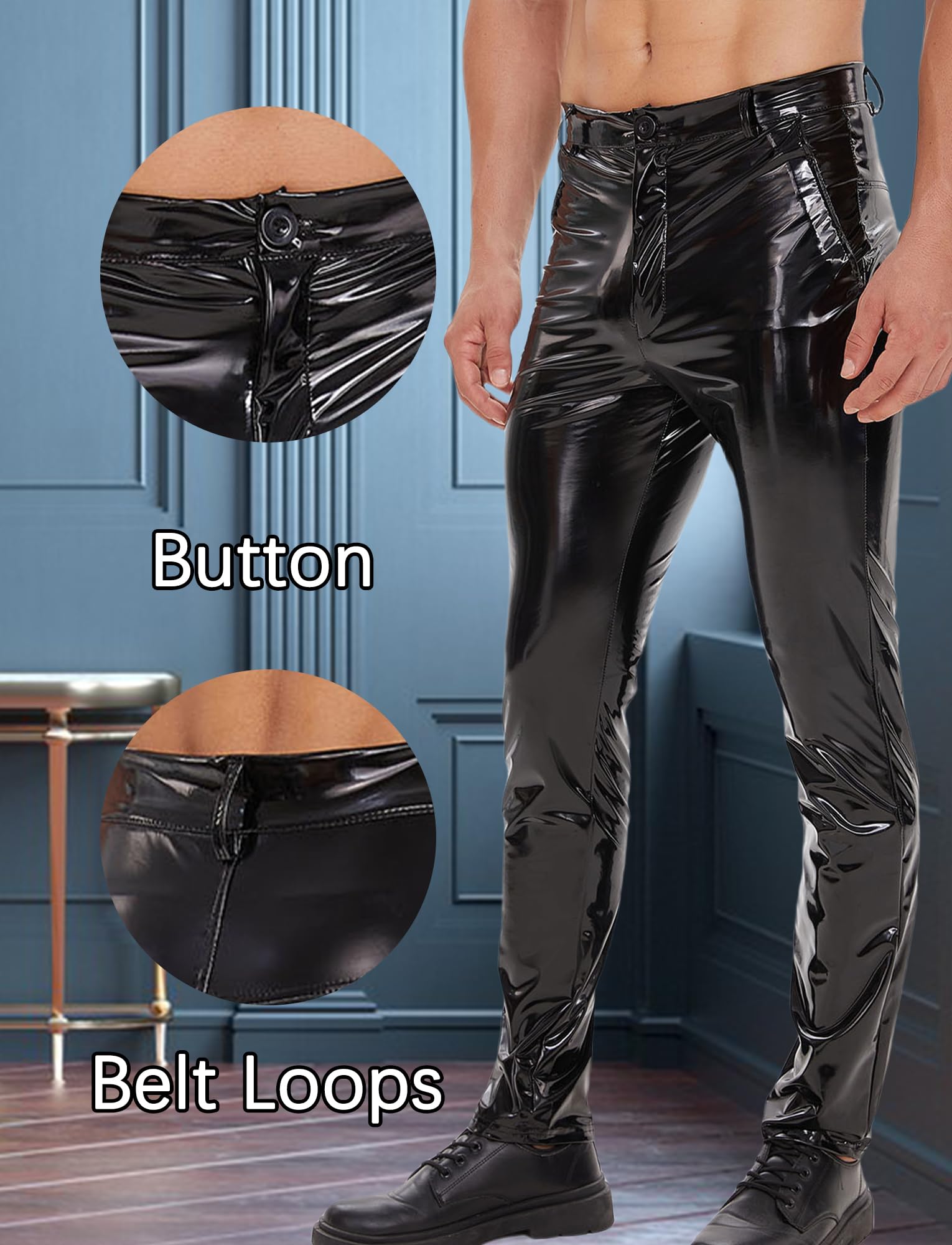 Latex Pants Herren Lang Kunstlederhosen Casual Stretch Slim Fit Hose Leder Bikerhosen mit Taschen Wetlook Kostüm Rave Party Disco Bekleidungset Clubwear