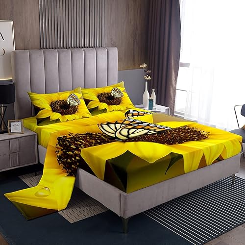 Castle Fairy Juego de sábanas bajeras de girasol, 4 piezas, sábanas de mariposa colorida 3D, sábana encimera de moda, ropa de cama suave de lujo