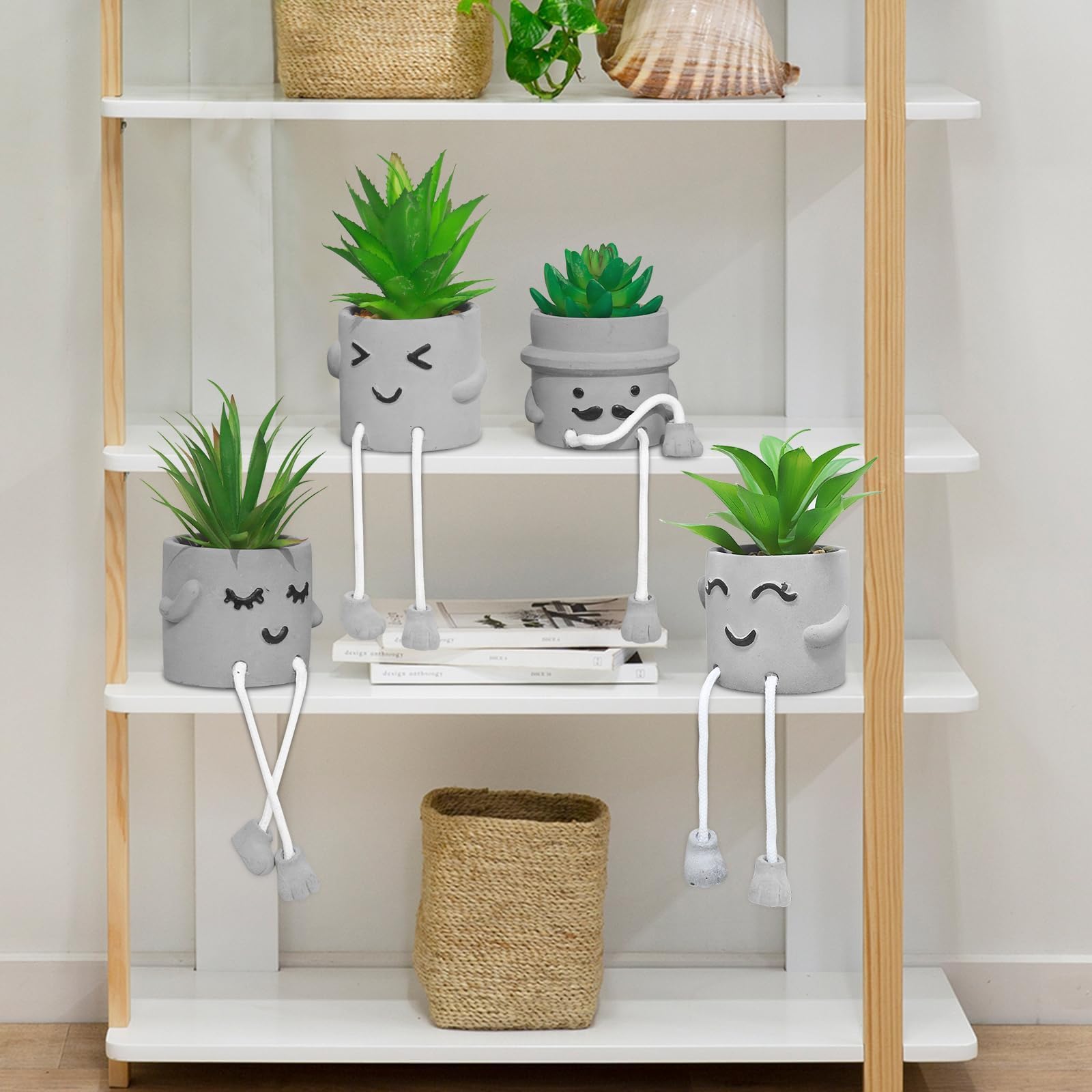 MAKHOT Lot de 4 Plantes succulentes artificielles créatives avec Pot de Ciment, Petites Plantes Grasses artificielles pour décoration de Salle de Bain, Mini Plantes succulentes Mignonnes à Suspendre