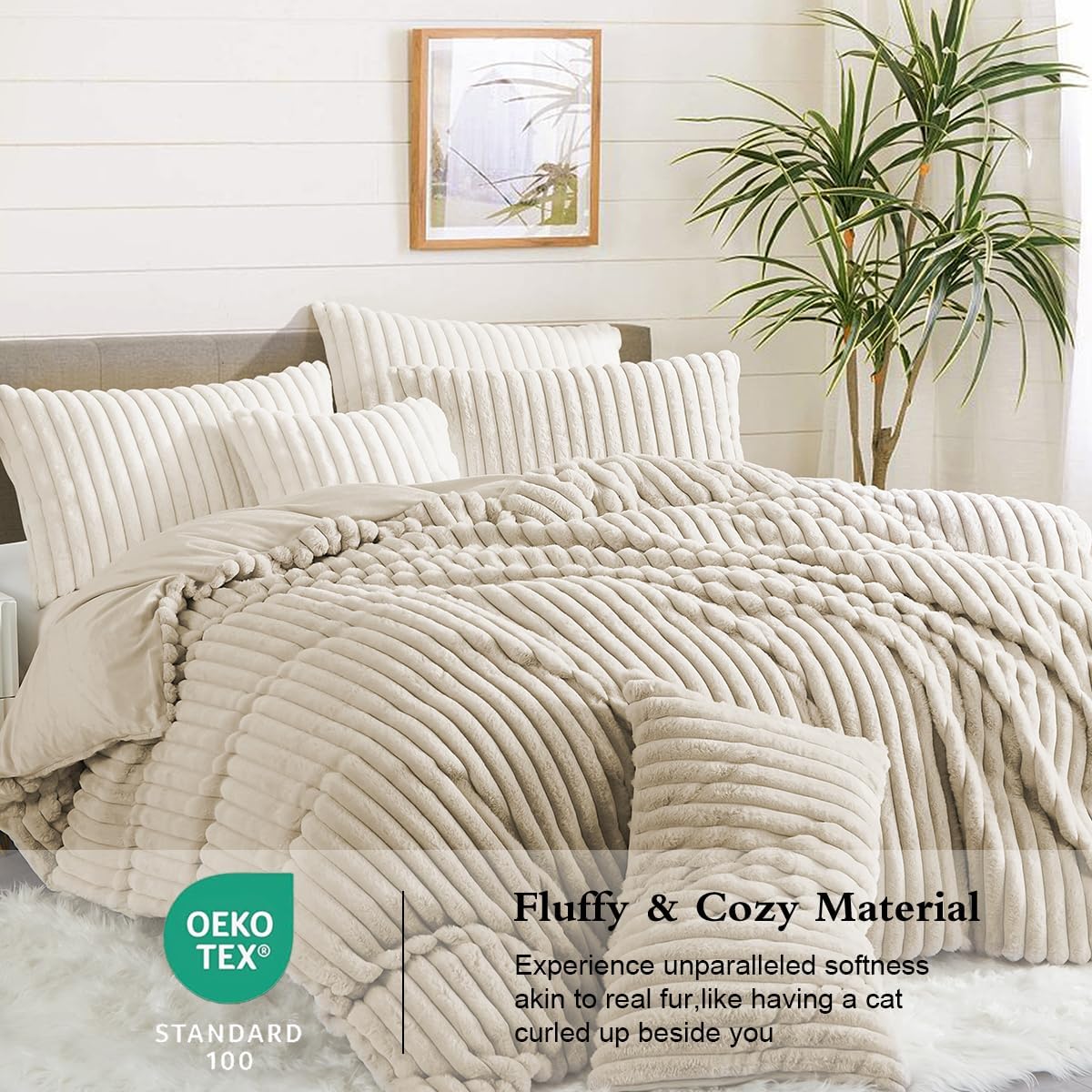 Fluffy Duvet Cover Set Queen Size Beige,Winter Warm Soft Faux Rabbit Fur Bedding Set,Luxury Plush Fuzzy Furry Comforter Cover with Zipper Closure and 2 Pillowcases