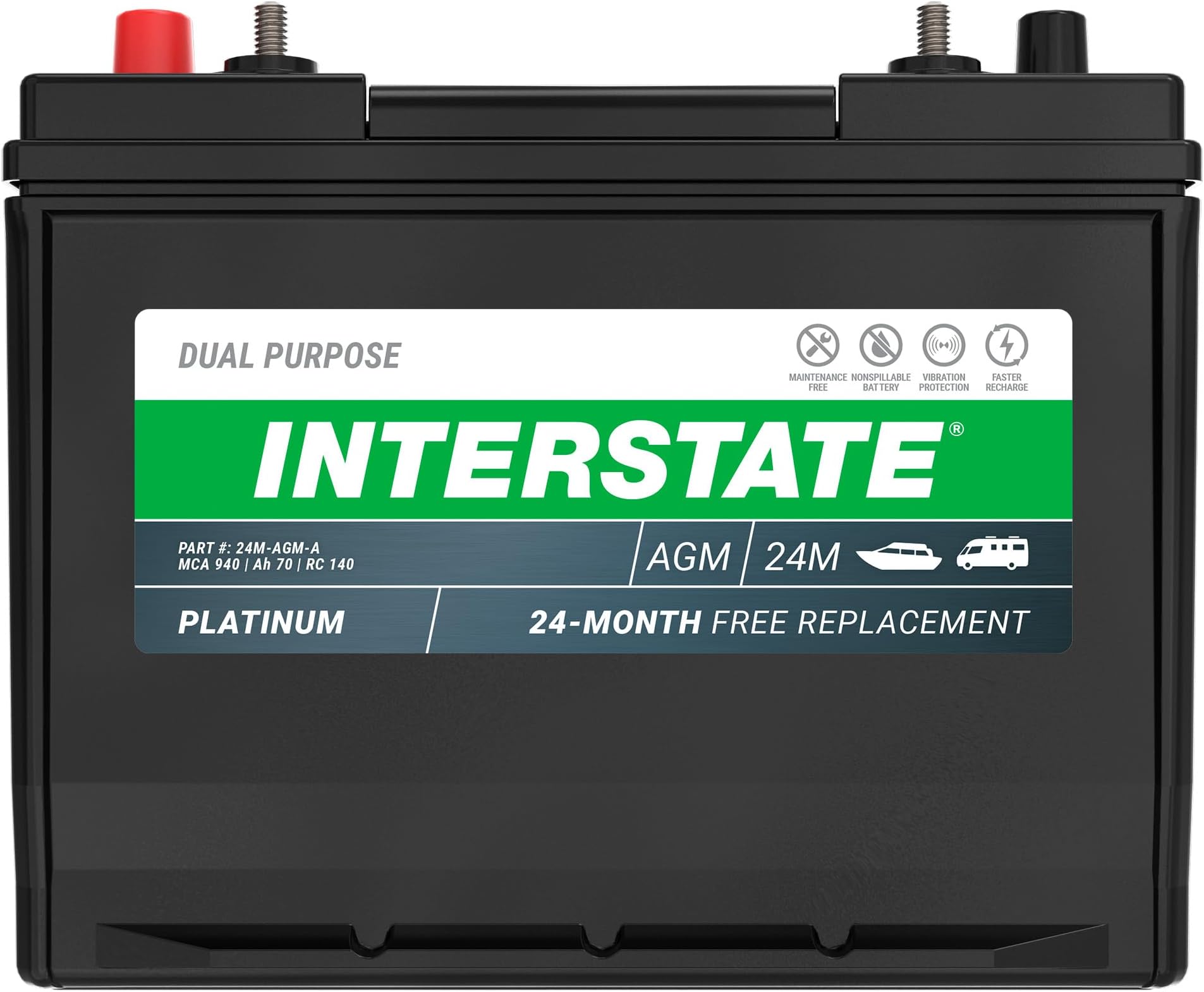 Marine/RV Battery 12V 70Ah 750CCA (24M-AGM) Dual Purpose Power Pure Lead AGM RV & Marine Starting Replacement Battery (Group Size 24) Boats, RV's