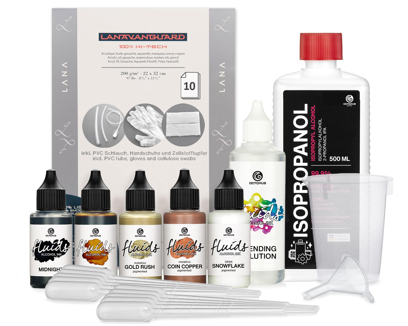 5 x 30 ml Octopus Fluids Alcohol Ink Set Completo "blumenkindjen" con Blending Solution, Alcohol Ink Paper e accessori per fluid art, 5 x 30 ml