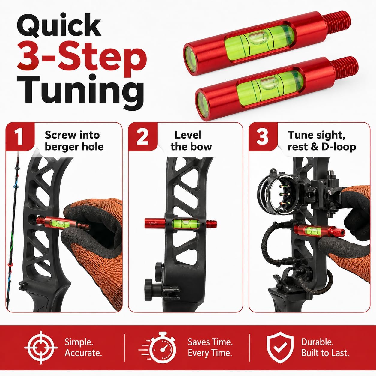 2-Pack Berger Hole Bow Level, Aluminum Archery Leveling Tool | Lightweight aluminum bow level screws into the Berger hole for accurate tuning of compound bow sights, rests, and D-loops.