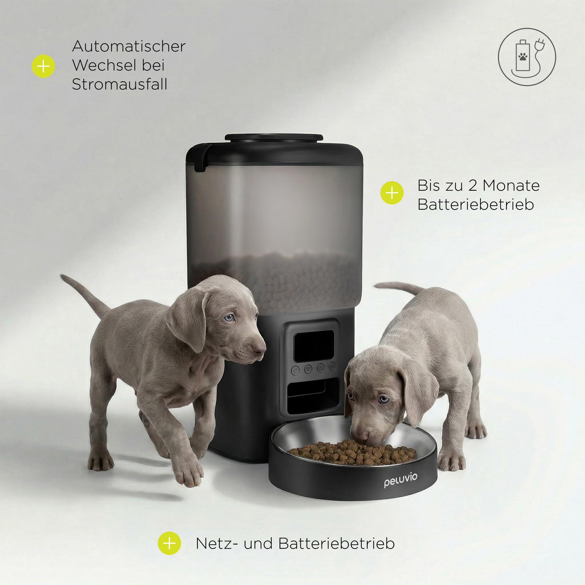 Crispy Futterautomat für Hunde, Automatischer Futterspender Hund mit Timer, bis zu 4 Mahlzeiten, Notstrom mit Batterie, USB-C, LCD Display, Edelstahl Napf, 4,5 L für Trockenfutter 5-15 mm