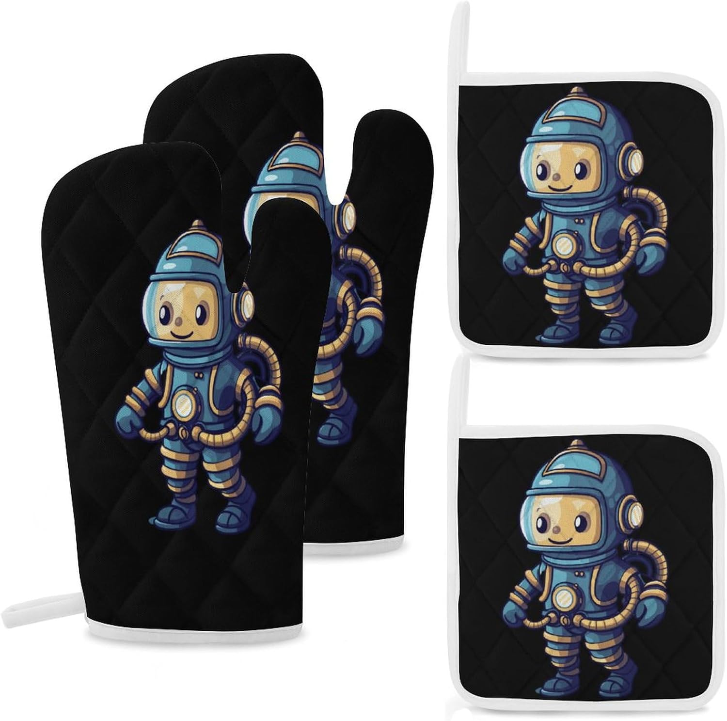 Deep Sea Diver 4 Pcs Oven Mitts and Pot Holders Set High Heat Resistant Long Kitchen Oven Glove Potholders