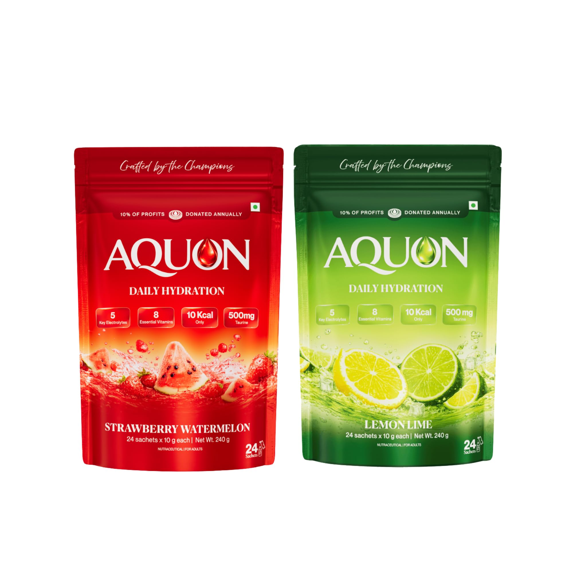 AQUON Electrolyte Drink Mix Combo, Strawberry Watermelon & Lemon Lime | 2 Boxes of 24 x 10 g Sachets | 5 Key Electrolytes, 8 Essential Vitamins, 500 mg Taurine | 10 kcal | No Caffeine | Vegetarian-image-12