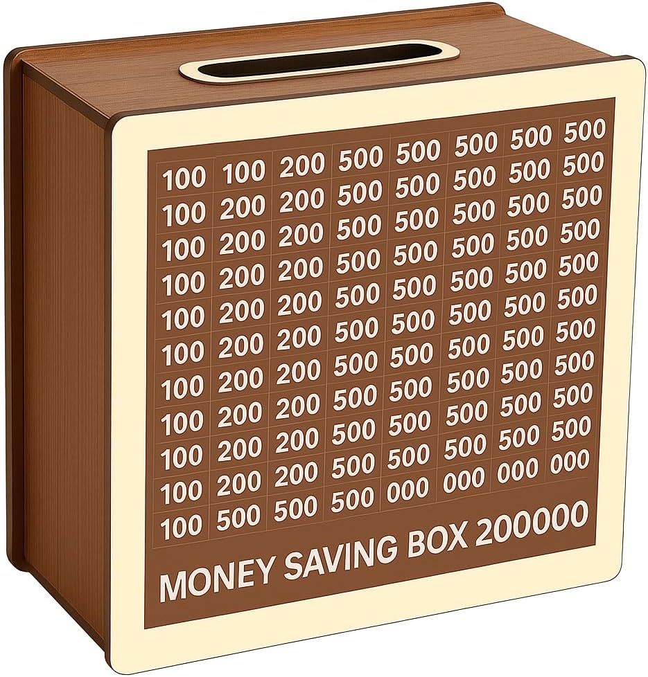2 lakh Saving Money Saving Box, 2 Lakh Rupees Savings Challenge, Wooden Piggy Bank, 20 x 20 cm, Brown