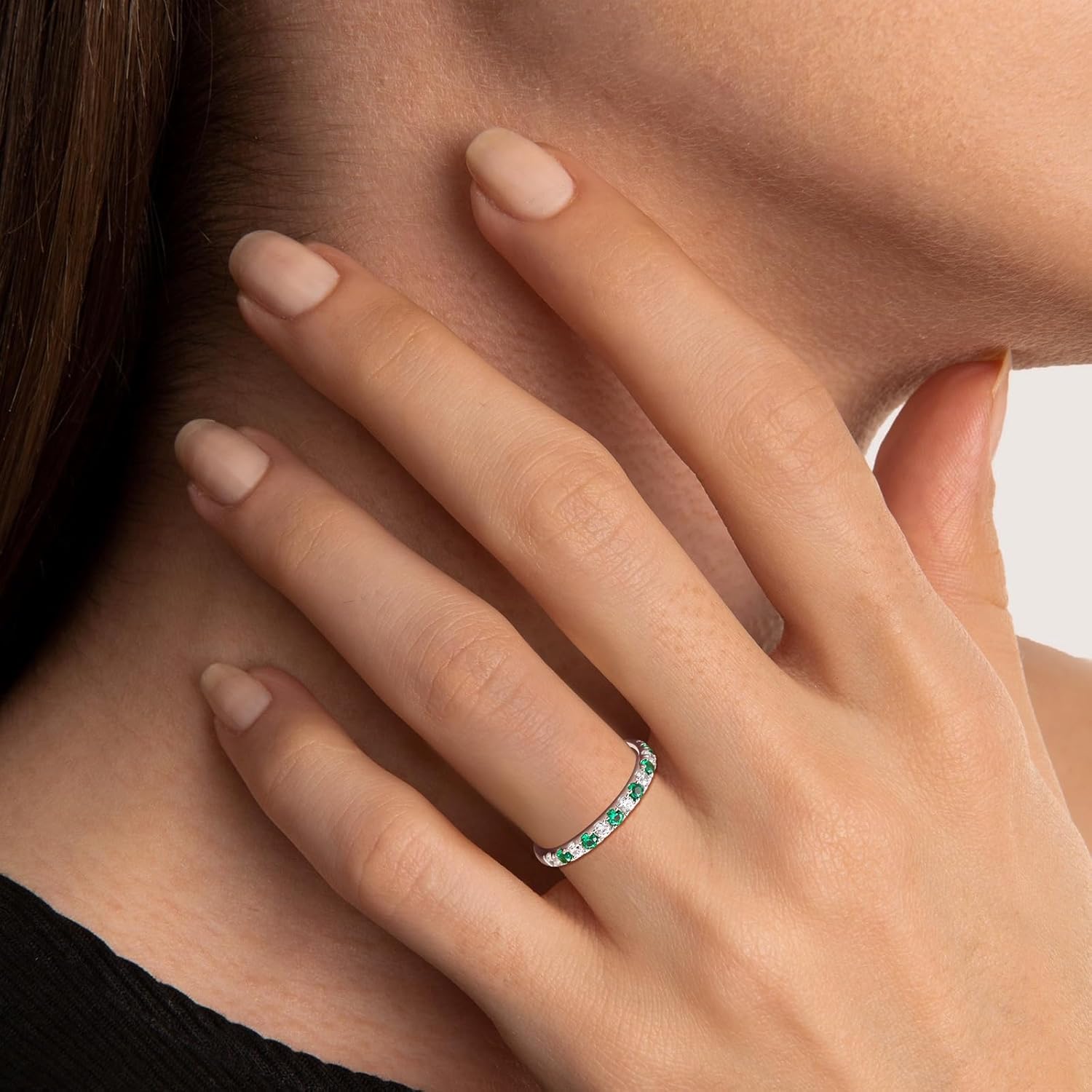 Birthstone Rings Eternity Band 925 Sterling Silver/Yellow Gold-Plated Created Gemstone Stackable Wedding Band 2.7mm Thin Half Eternity Rings for Women Size 6 to 10 - Image 2