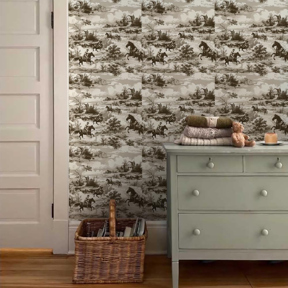 18"x236" Brown White Cowboy Wild Western Peel and Stick Self Adhesive Wallpaper Removable Contact Paper Stick on Easy Peel Off Wall Paper for Kitchen Bedroom Bathroom Renter