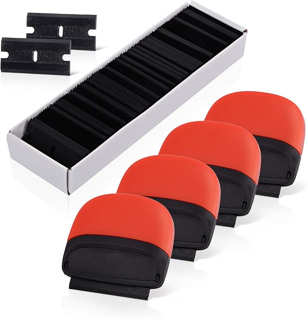 Ehdis 4 pcs Mini Plastic Scraper with 100 Plastic Razor Blade, Adhesive Remover, Sticker Remover, for Removing Label, Glue, Sticky Stuff, Decal in The Glass, Window