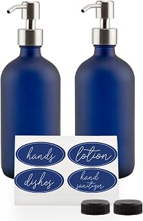 Cornucopia Brands 16oz Glass Pump Bottles (Set of 2, Blue w/Silver; Soap Dispenser Pump Bottles with Brushed Metal Pump Tops