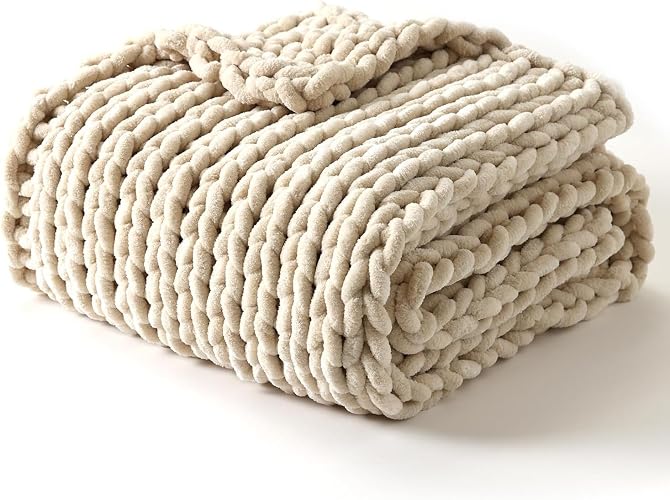 YnM Chunky Throw Blanket, Medium-Weight, Hand Knitted with Chenille Yarn, Skin Friendly, Ventilated and Breathable, Machine Washable, Home Décor Piece for Couch Sofa and Bed (Butter Cream, 60x80 Inch) - 60 x 80 Inch - Chenille - Butter Cream