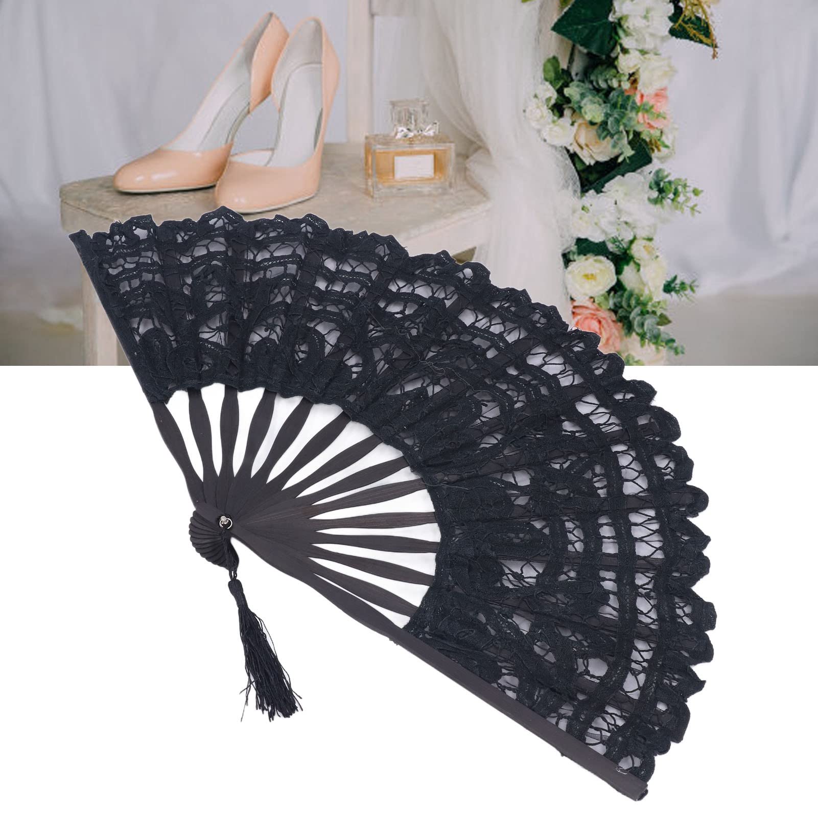 TOPINCN Abanico de Mano Plegable de Encaje de Algodón Abanico de Mano Nupcial Bordado con Bastones de bambú para la Decoración de la Boda Fiesta de Baile (Negro)