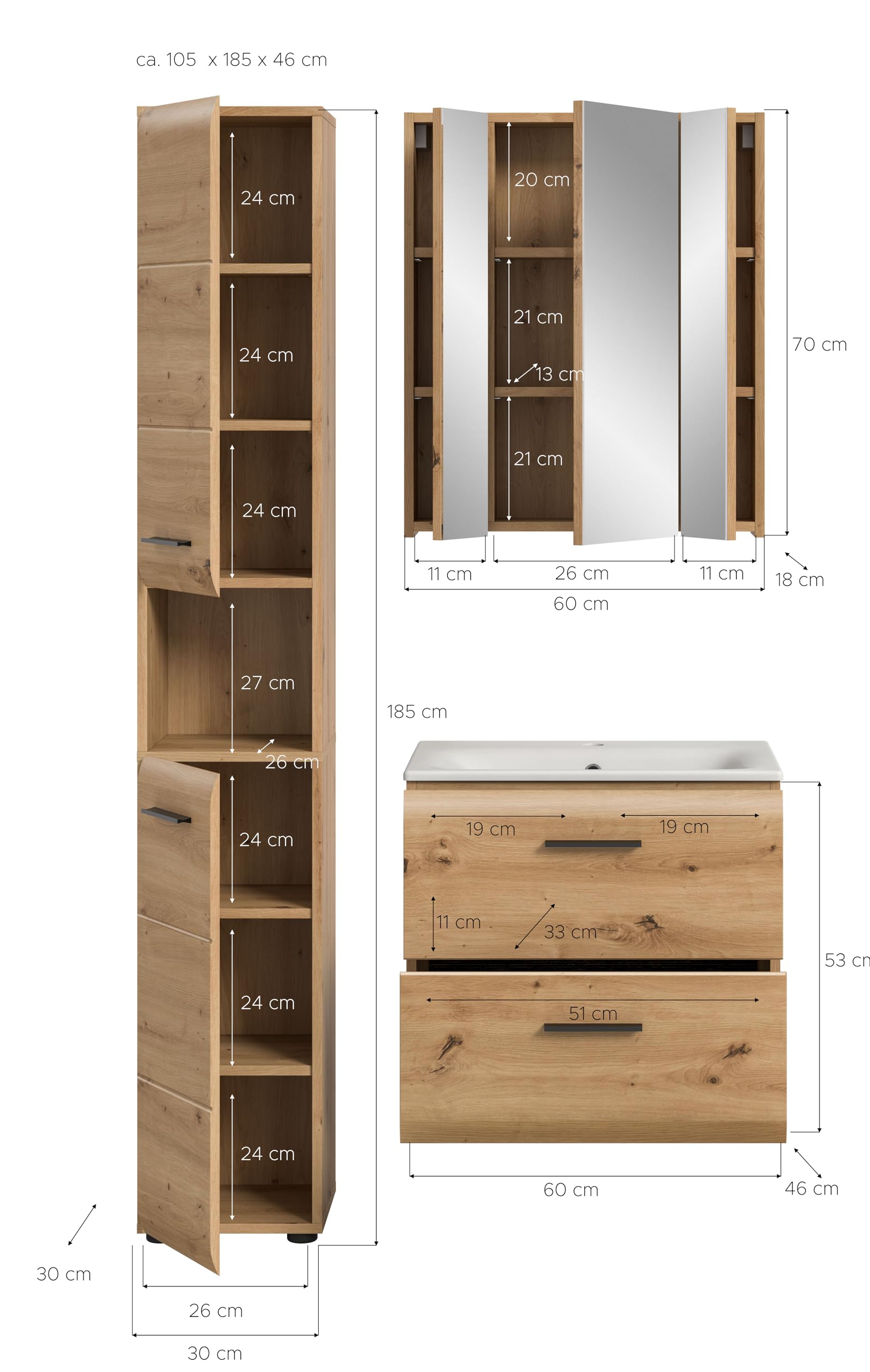 xonox.home – 3 TLG. Badmöbel-Set Ice 105x185x46 cm in Korpus und Front Artisan Oak Nachbildung – Zeitgemäße Kombination für Dein Bad – funktional – Bild 4
