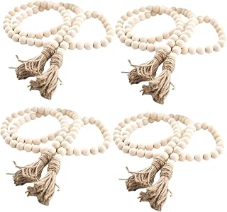 LSKYTOP 60 Inches Wood Bead Garland with Tassel,Farmhouse Rustic Prayer Boho Wooden Beads for Tiered Tray Coffee Table Mantel Decor (4Pack)