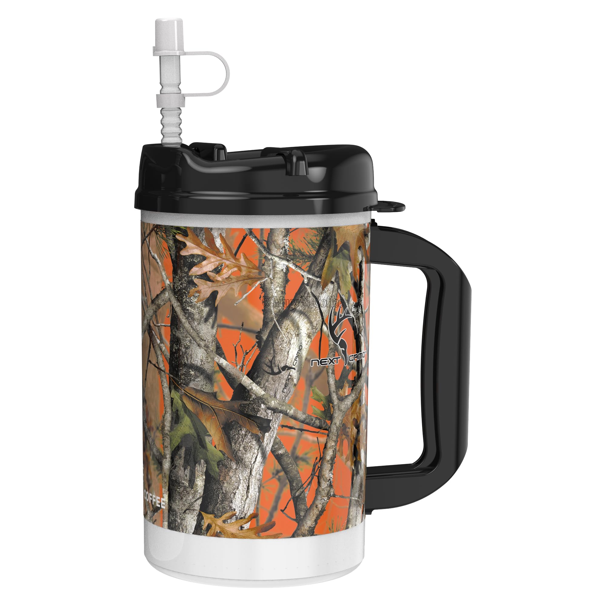 Mugs N Coffee32 oz Camo | Next Camo with Large Handle, Lid and Straw | Duel Wall Insulated Travel - BPA Free (Orange)