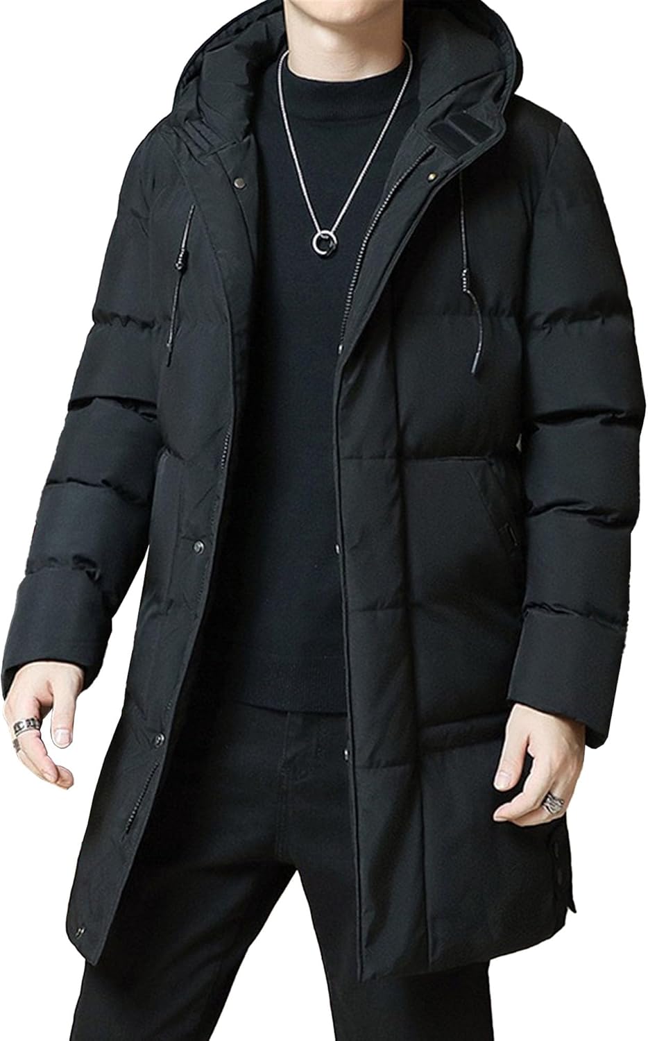 JEKE-DG Men's Thicken Casual Winter Down Jackets Hooded Warm Mid-Length Puffer Jacket Full Zip Windproof Parka Coat