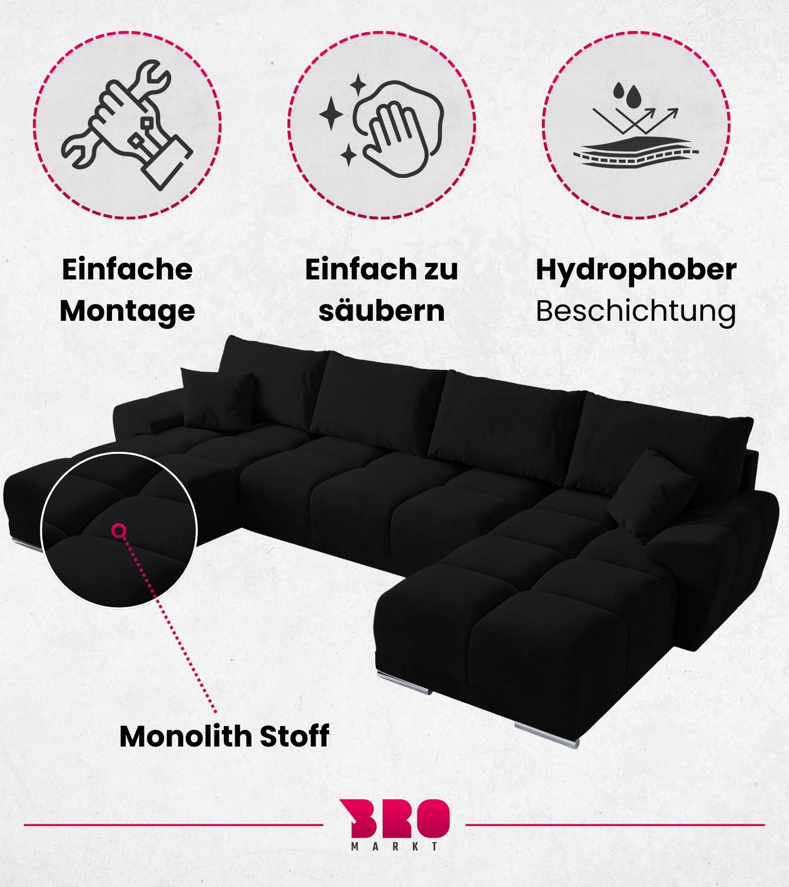 BROMARKT Ecksofa mit Schlaffunktion und Bettkasten 372x184x85 cm Sofa Eckcouch Wohnlandschaft U Form Couch Bettsofa siebensitzer Schlafsofa NUBES U Graphit