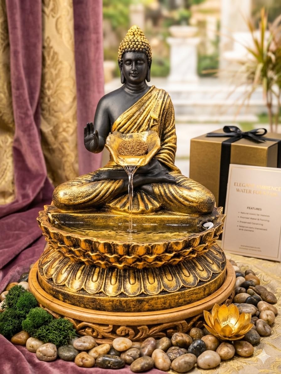 G-Creations Buddha Waterfall Fountain, Golden & Black, Fibreglass, 2 Feet Height, Lotus Base, Corded Electric, for Home, Office and Outdoor-image-17