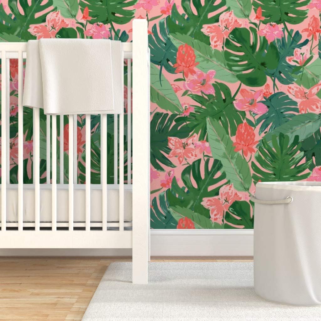 Peel & Stick Wallpaper 9ft x 2ft - Tropical Floral Coral Pink Palm Tree Flowers Flower Summer Custom Removable Wallpaper by Spoonflower