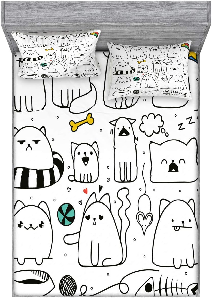 Ambesonne Cartoon Fitted Sheet & Pillow Sham Set, Hand Drawn Sketchy Funny Cats with Toys and Colored Shapes for Art, Decorative Printed 2 Piece Bedding Decor Set, Full, Dark Grey Multicolor
