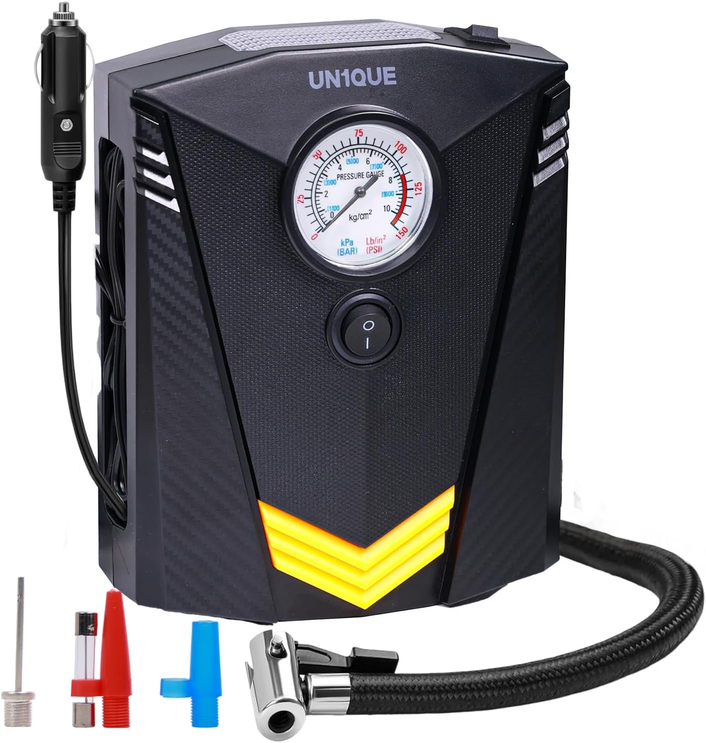 UN1QUE Tyre Inflator for Car, 150PSI Car Air Pump, 12V DC Portable Air Compressor for Tyre, Fast Inflation Speed Inflator Pump with Light