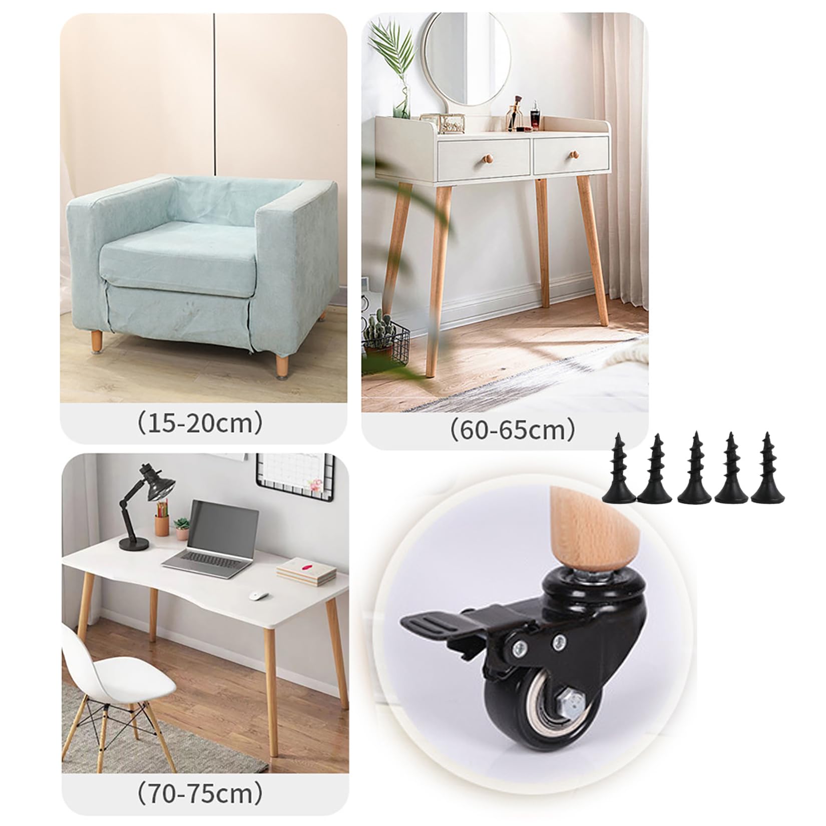 Patas de Muebles de Madera con Ruedas, 4 Piezas Patas Cónicas Patas De Mesa Patas de Escritorio,para Armario Sofá Comedor Soporte de TV