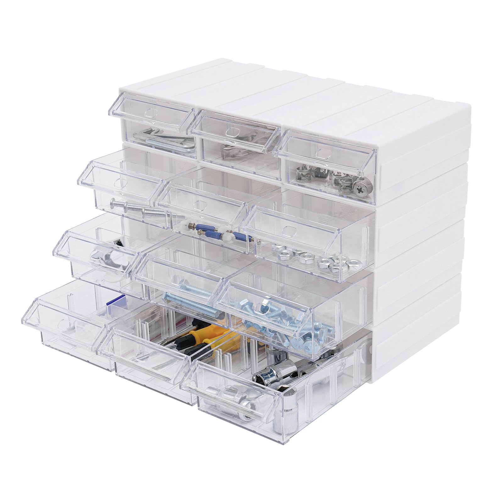 12 scatole di plastica trasparente con 24 dividers e 12 giorni per carte di archiviazione, impilabili, cassetto, organizer multistrato, per cancelleria, materiali da ufficio, gioielli
