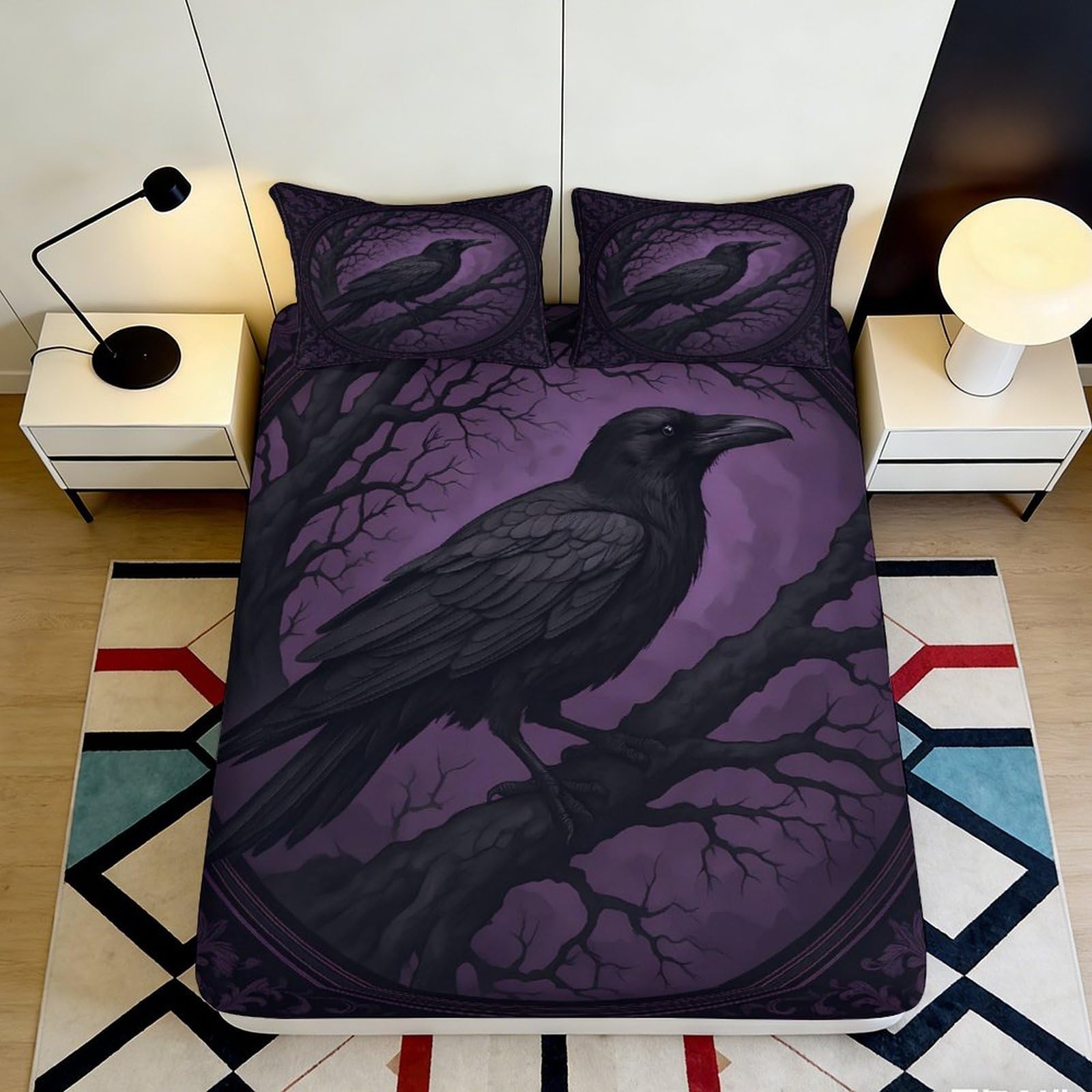 3D Printed Raven Fitted Sheet Microfiber Soft Breathable Gothic Night Mattress Cover for Bedroom Dormitory Guest Room Mattress Protection Decor 120x200x25cm