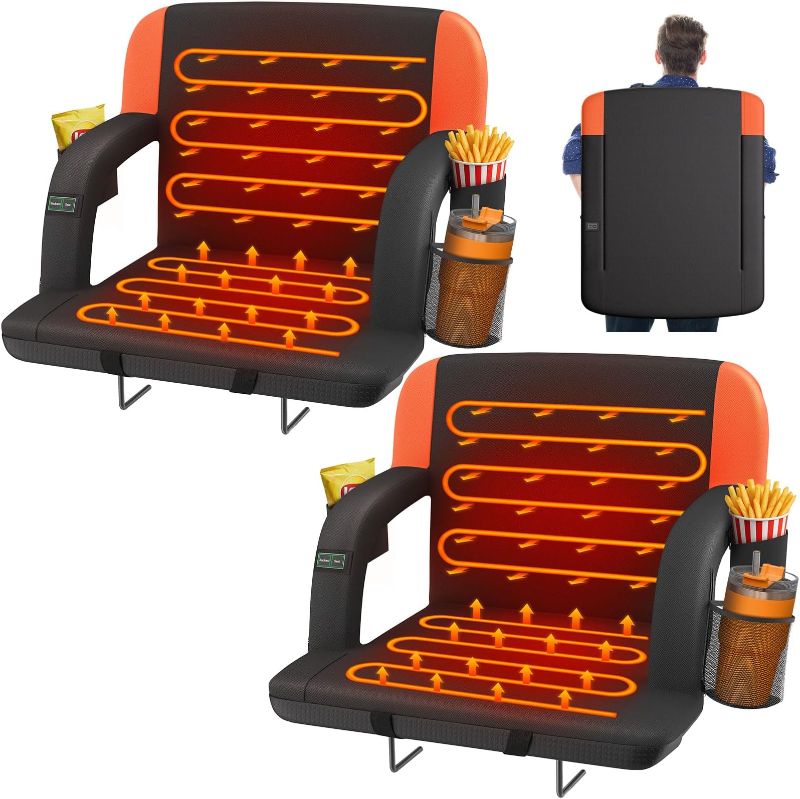 HOPERAN Dual-Sided Heated Stadium Seats for Bleachers with Back Support, 3 Levels Heating Bleacher Seats with Backs and Cushion Wide, 5 Pockets Portable Stadium Chair for Outdoor Sports (Orange)
