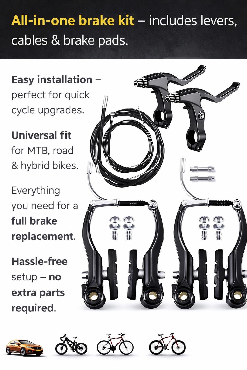 Universal Bicycle V-Brake Set Front & Rear – Alloy Rim Brake Kit with Levers, Cables & Pads | Complete Mechanical Cycle Brake Replacement for MTB, Road & Hybrid Bikes (Black) 1