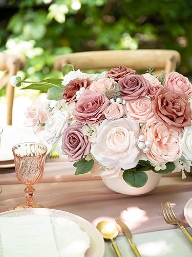 Vista 42 de White Rose Artificial Flowers Fake Flower Bulk with Stems for DIY Wedding Bouquet Bridal Baby Shower Centerpiece Table Decorations Silk Faux Floral