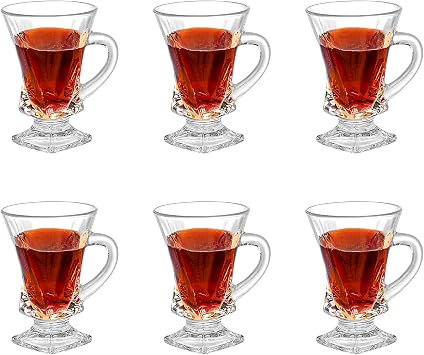 Turkish Tea Cups Set of 6 - Glass Tea Cups with Handle - 130 ml Small Clear Footed Coffee Mugs for Tea, Espresso Coffee, Hot Chocolate, Dishwasher Safe