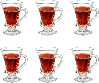 Turkish Tea Cups Set of 6 - Glass Tea Cups with Handle - 4.6 oz Small Clear Footed Coffee Mugs for Tea, Espresso Coffee, Hot Chocolate, Dishwasher Safe