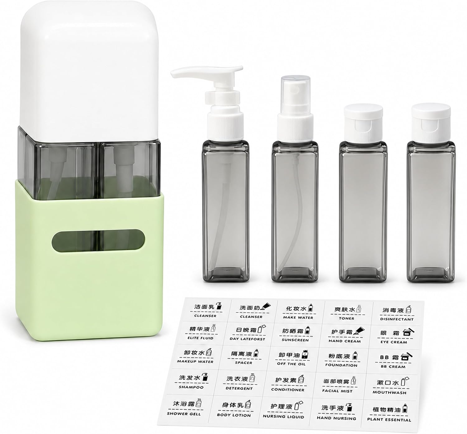 4 in 1 Travel Dispenser Bottle, Portable Travel Pump Bottle (Green Square)