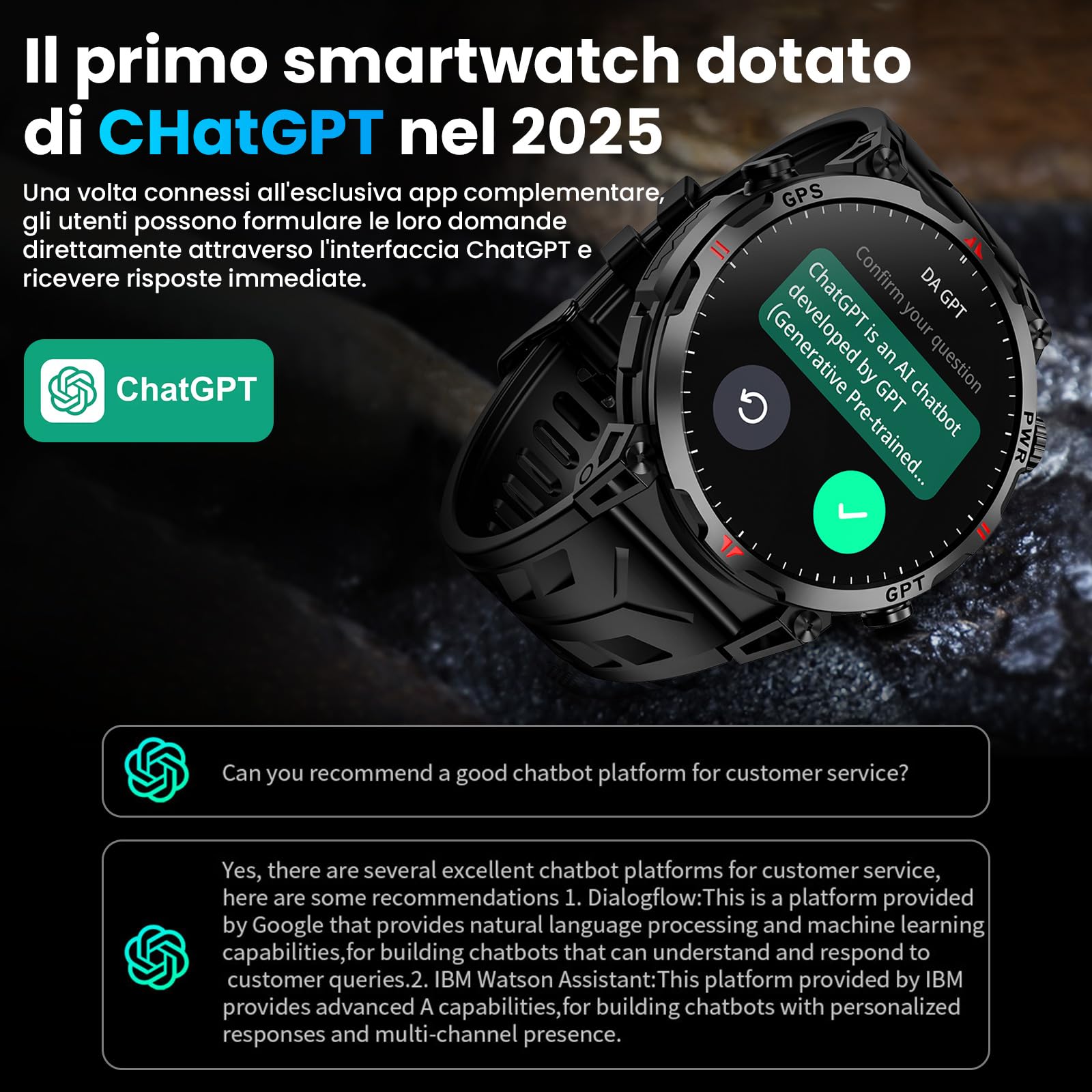 Orologio intelligente militare con GPS, orologio intelligente con assistente vocale GPT/LED Flashlight Compass,a schermo AMOLED da 1,56" Per uomini, compatibile con Android e iOS (Nero)