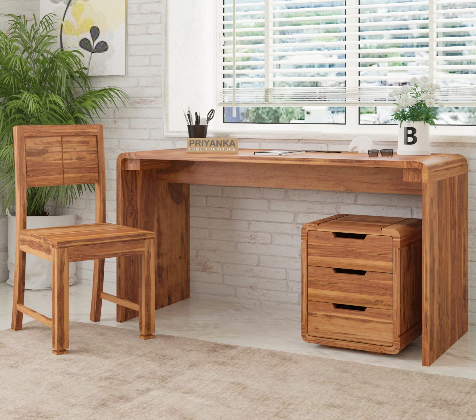 Solid Sheesham Wood Study Table Students with Chair|Writing Table Wooden Study Table for Adults,Home & Office Furniture|Computer Table Chest of Drawers Storage |Study Table,Oak Finish
