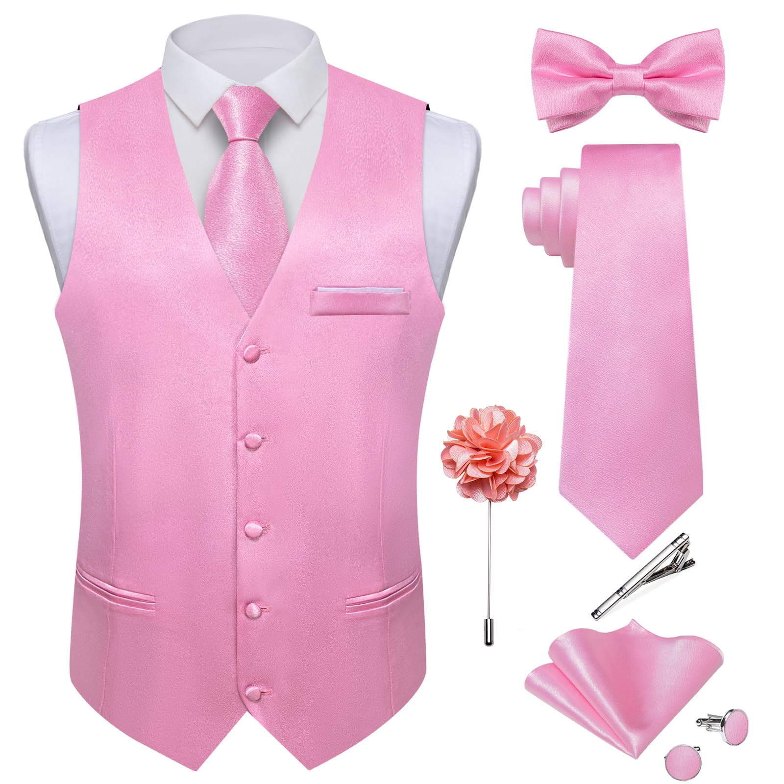 DiBanGu Mens Satin Suit Vest and Tie Set 8PCS Solid Waistcoat and Bowtie with Lapel Pin for Tuxedo Dress Vest Wedding Formal