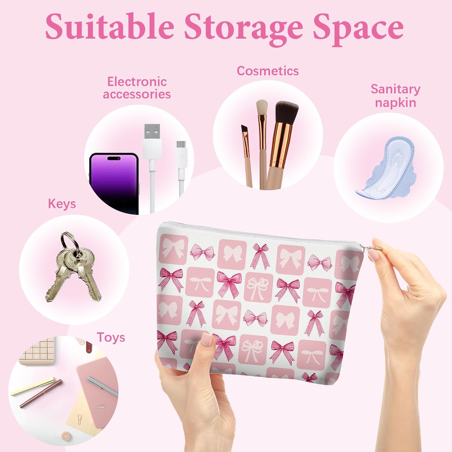 10PCS Pink Coquette Bow Makeup Bag with 10 Mini Compact Mirror Upgraded Canvas Cosmetic Bag Bulk Preppy Zipper Pouch Travel Toiletry Pouch Bow Themed Party Favors for Women Girls