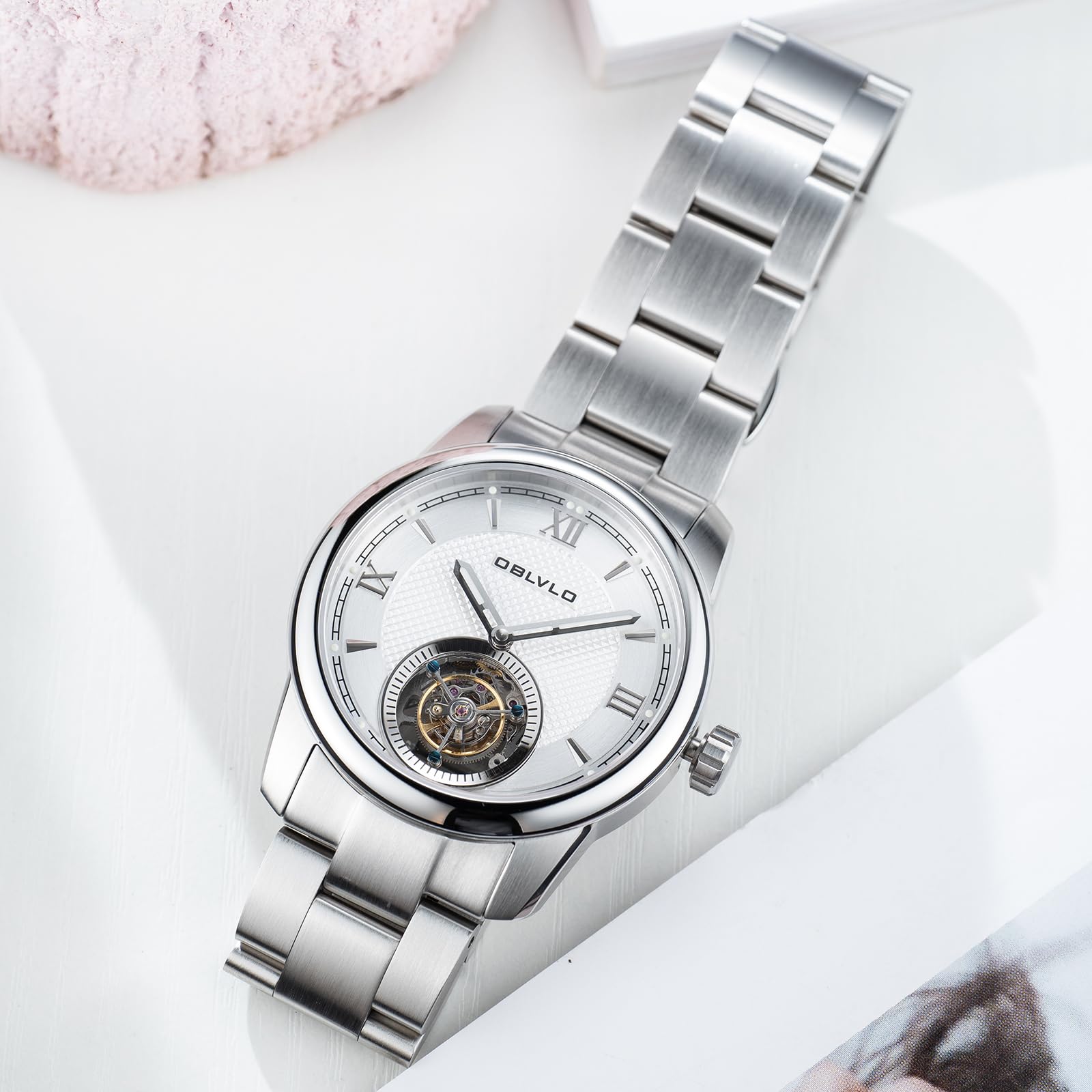 OBLVLO Luxusmarke Herren Edelstahl Tourbillon Uhr Selbstaufzug Automatikuhren Wasserdicht Business Uhr für Herren SK-TOUR