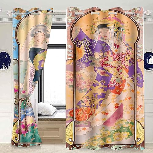 Miniatura 4 de Art Nouveau - Cortinas opacas de geisha japonesa de verano, serie de temporada de otoño, cortina estilo pintura al óleo, montaje en flor de cerezo,